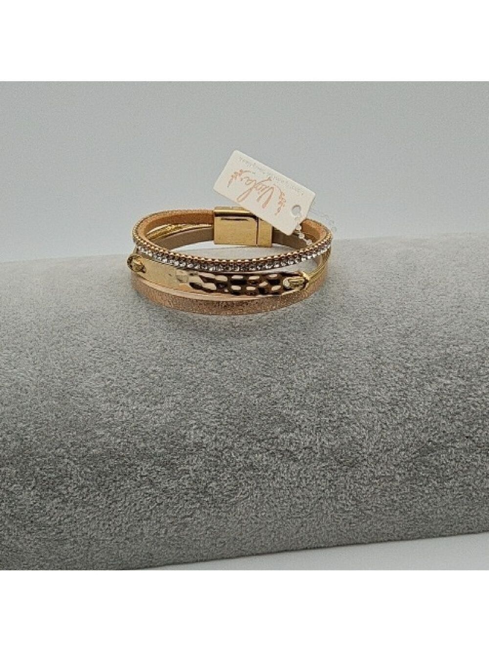Elegant Gold Plated Multi Chain Leatherette Magnetic Bracelet, Simulated Diamond